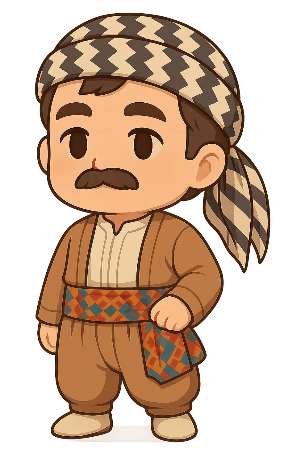 Create a chibi Kurdish cartoon sticker based on the reference image, showing a neutral (calm) expression, with a transparent background. sticker