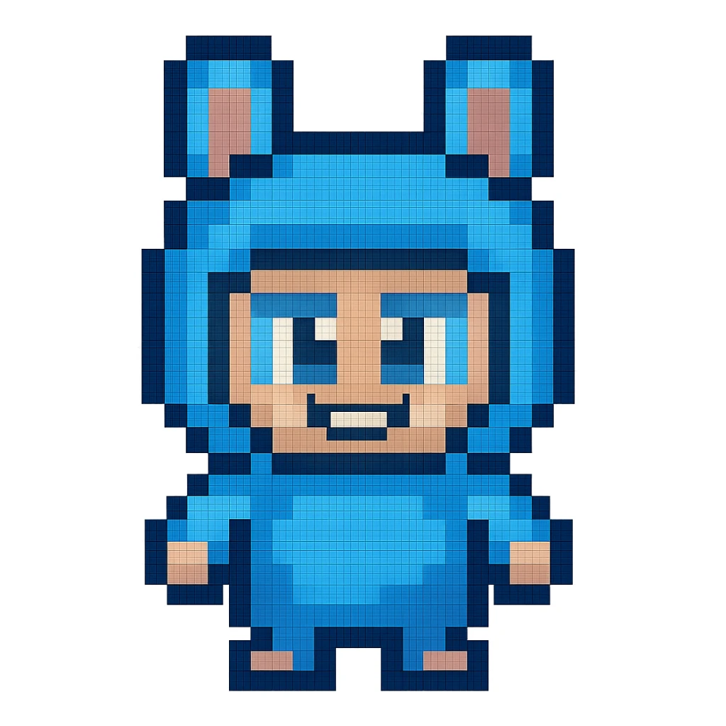 Extract and isolate the small character in the blue bunny suit from the image, placing them on a transparent background, keeping the original Minecraft cartoon style and appearance. sticker