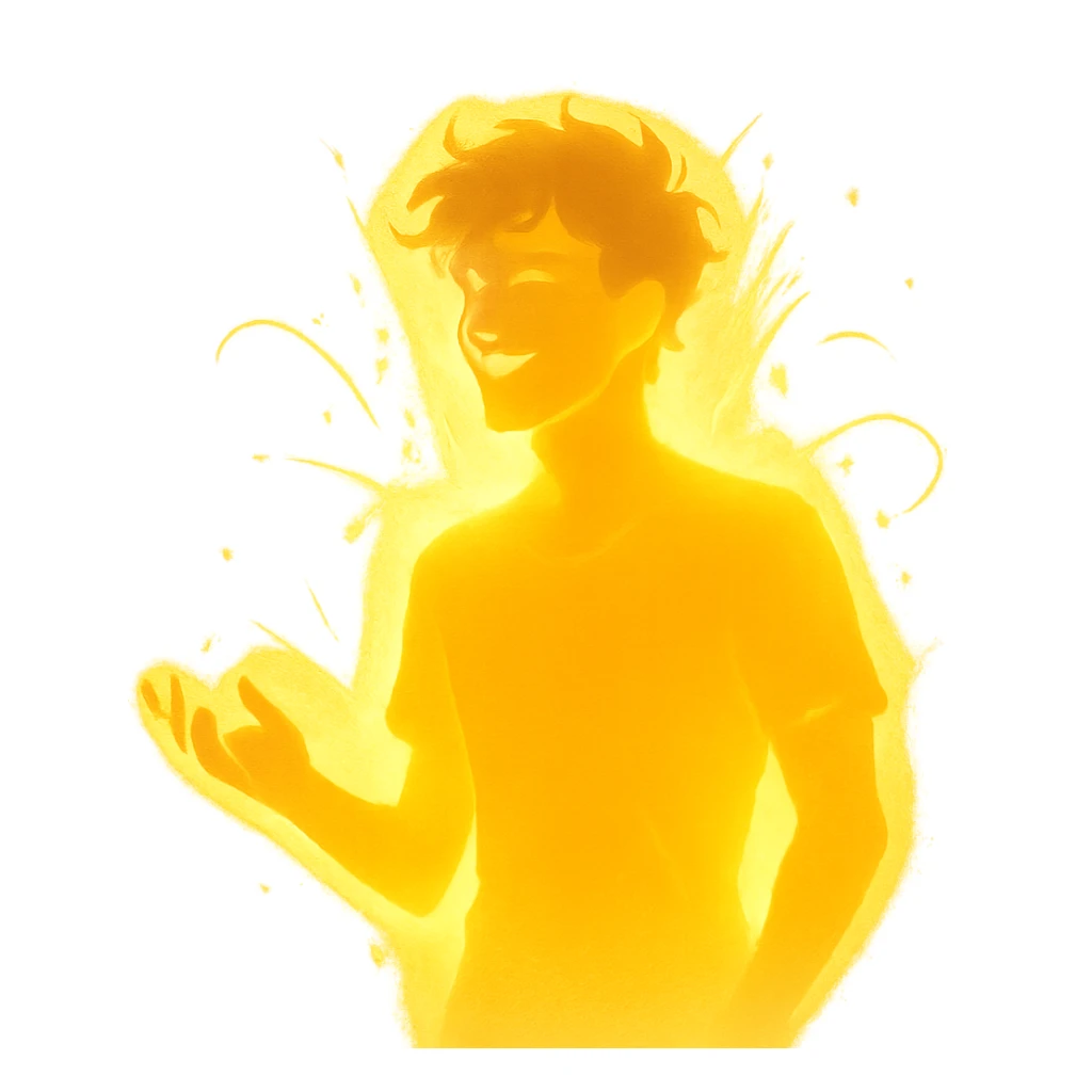 radiant young man with a soft glow and captivating energy, symbolizing lighthearted chaos and allure, in a minimalist silhouette sticker