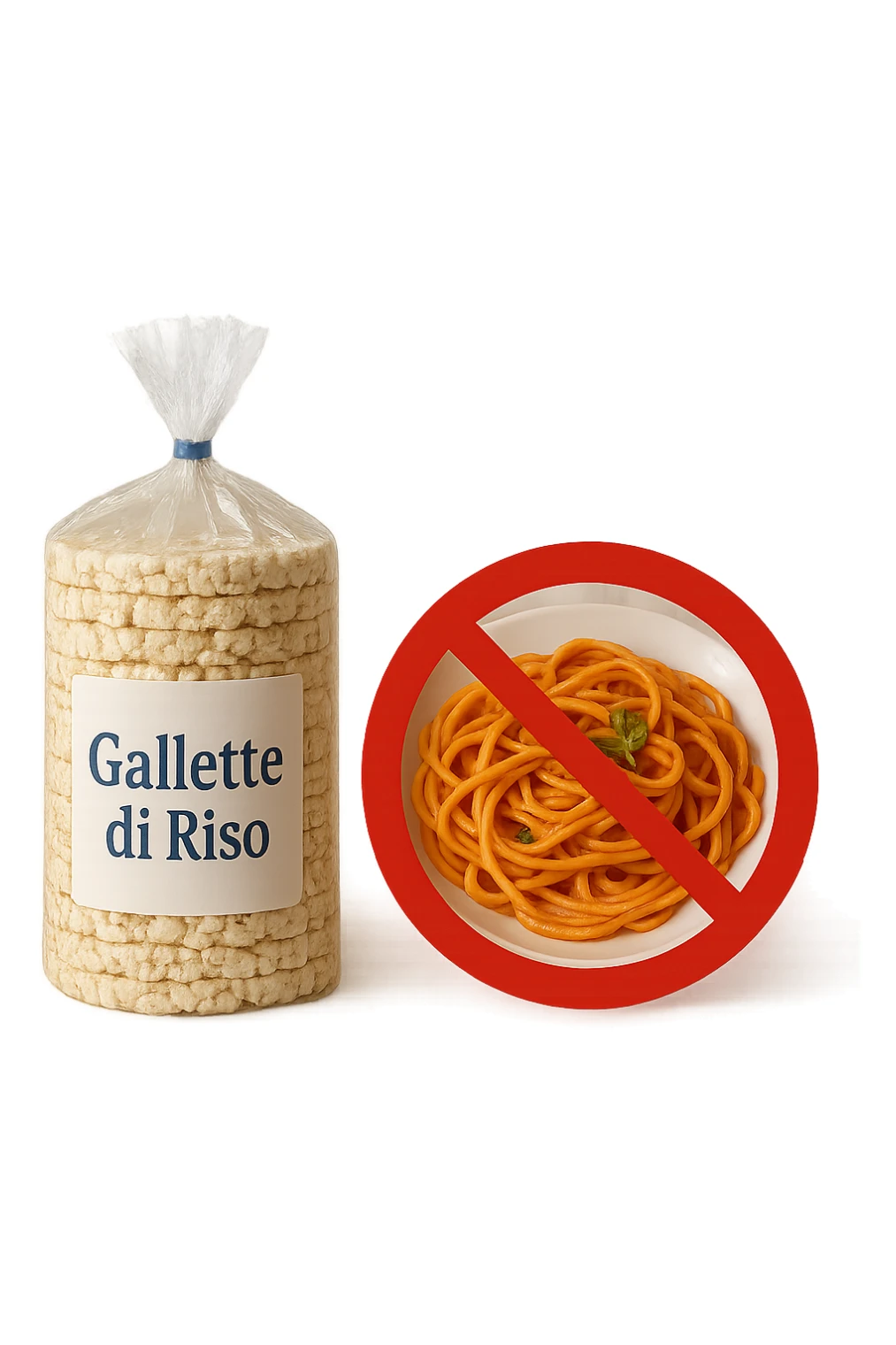 confezione di gallette di riso con accanto un piatto di pasta con divieto sopra, in italiano,  realistici sticker