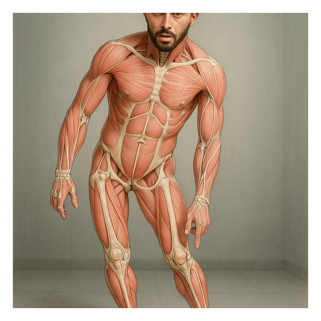 Hyperrealistic 4K anatomical view of a man in a similar position to the reference image. Knee valgus, tilted pelvis, pronated foot, muscles and joints highlighted, clinical atmosphere. Variant 7 with slightly changed leg position. sticker