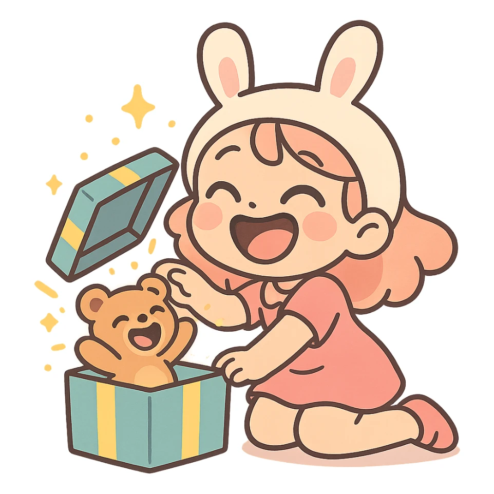 laughing chibi cute girl with a bunny hat unwrapping a magical glitter gift box with a small laughing teddy bear inside the gift box, full body, clean and polished, no imperfections, pastel-toon style sticker