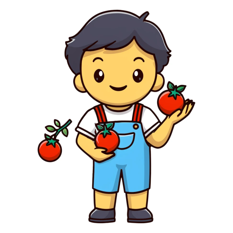 Child gardener with ribbon and prize tomatoes sticker