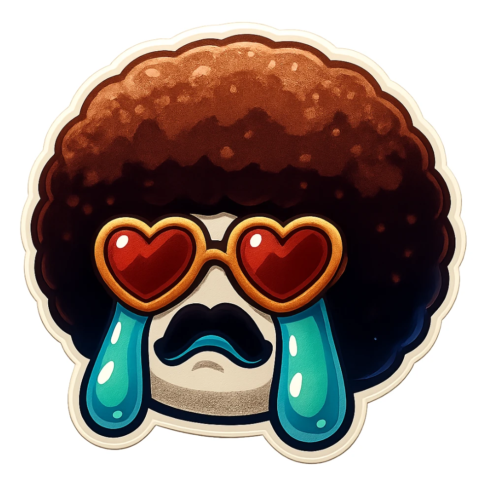 White circle face, afro, heart glasses, Crying with large tears sticker