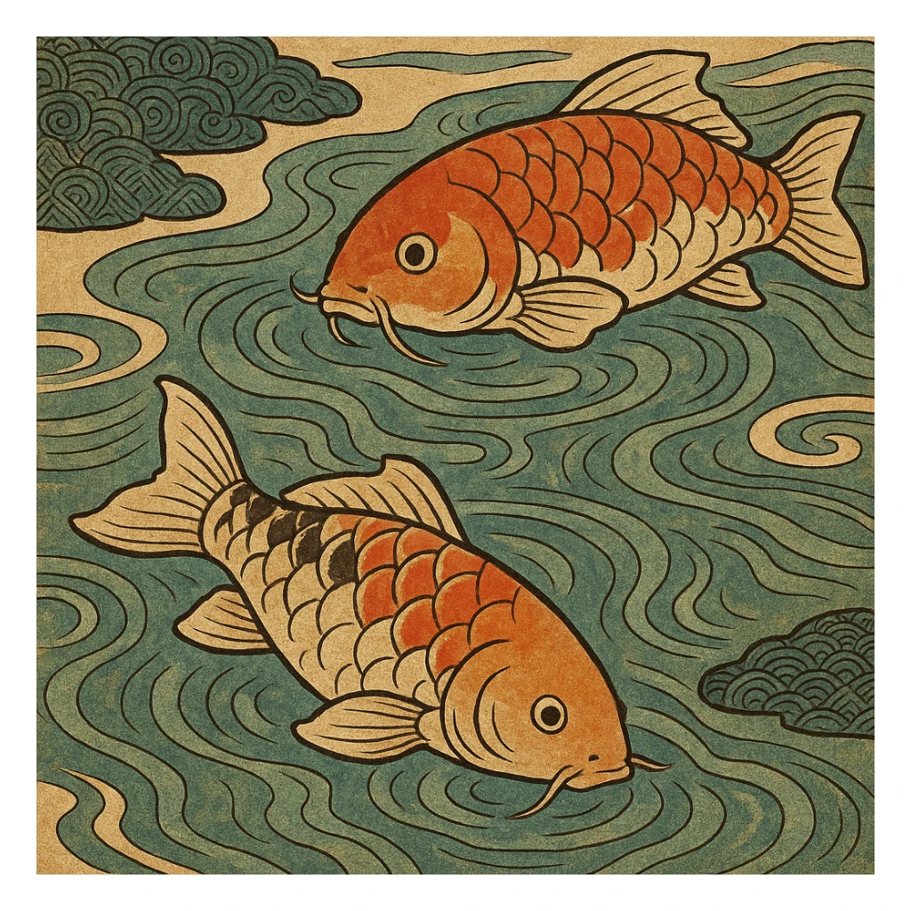 koi fish swimming in water, ukiyo-e style illustration sticker