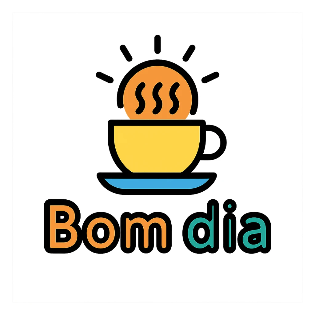 the phrase 'Bom dia' in a colorful, friendly icon style with a coffee cup or breakfast symbol sticker