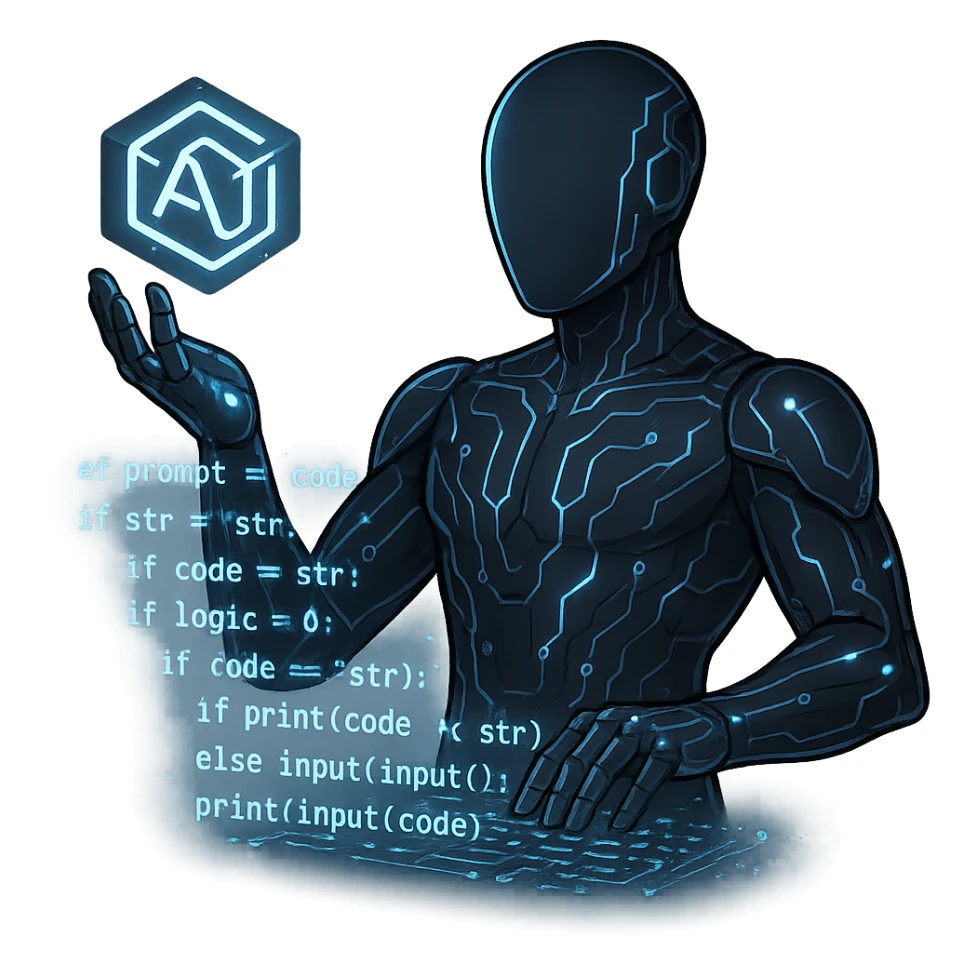 faceless figure in a sleek AI suit with glowing circuits, holding a floating cube logo in one hand and typing in mid-air with the other, building prompts from code and logic, futuristic digital style sticker