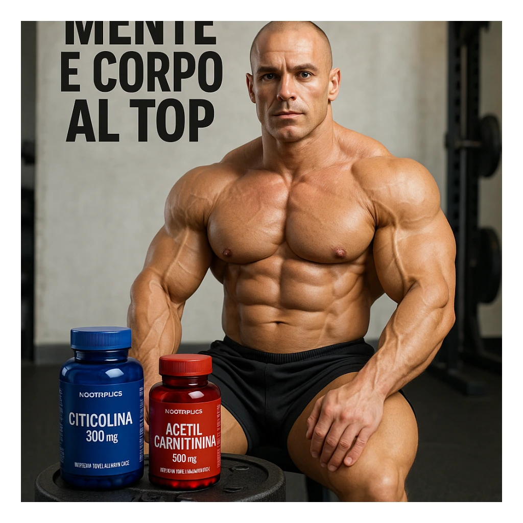 hyper realistic bodybuilder with citicoline and acetylcarnitine bottles near weights, sculpted muscles, blue and red bottles, text 'Mente e corpo al top', gym environment, light background sticker