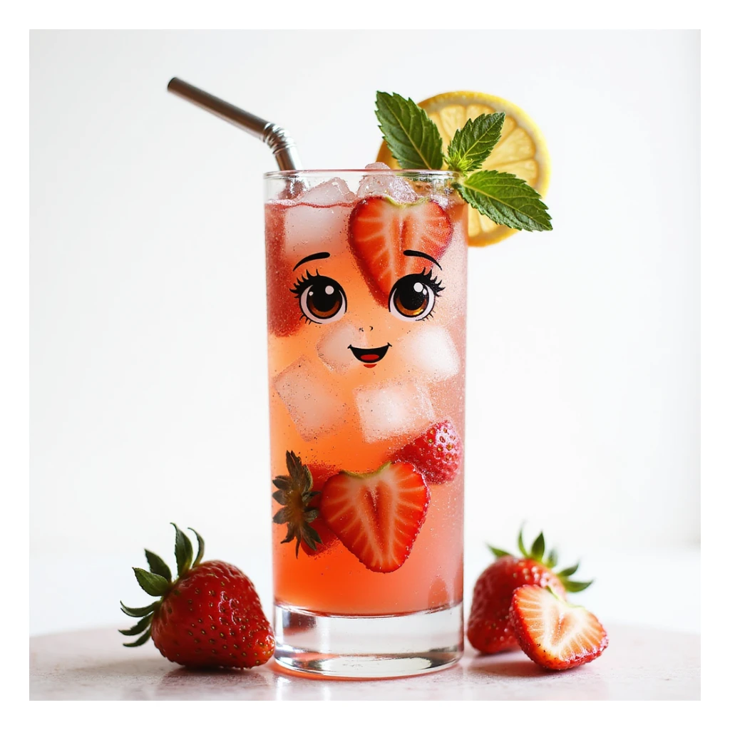 realistic elegant strawberry spritz lemonade character tall glass sparkling pink lemonade, strawberry slices, ice cubes, lemon and mint garnish, glass straw, subtle face in condensation with lifelike eyes and warm smile, summery sophisticated sticker