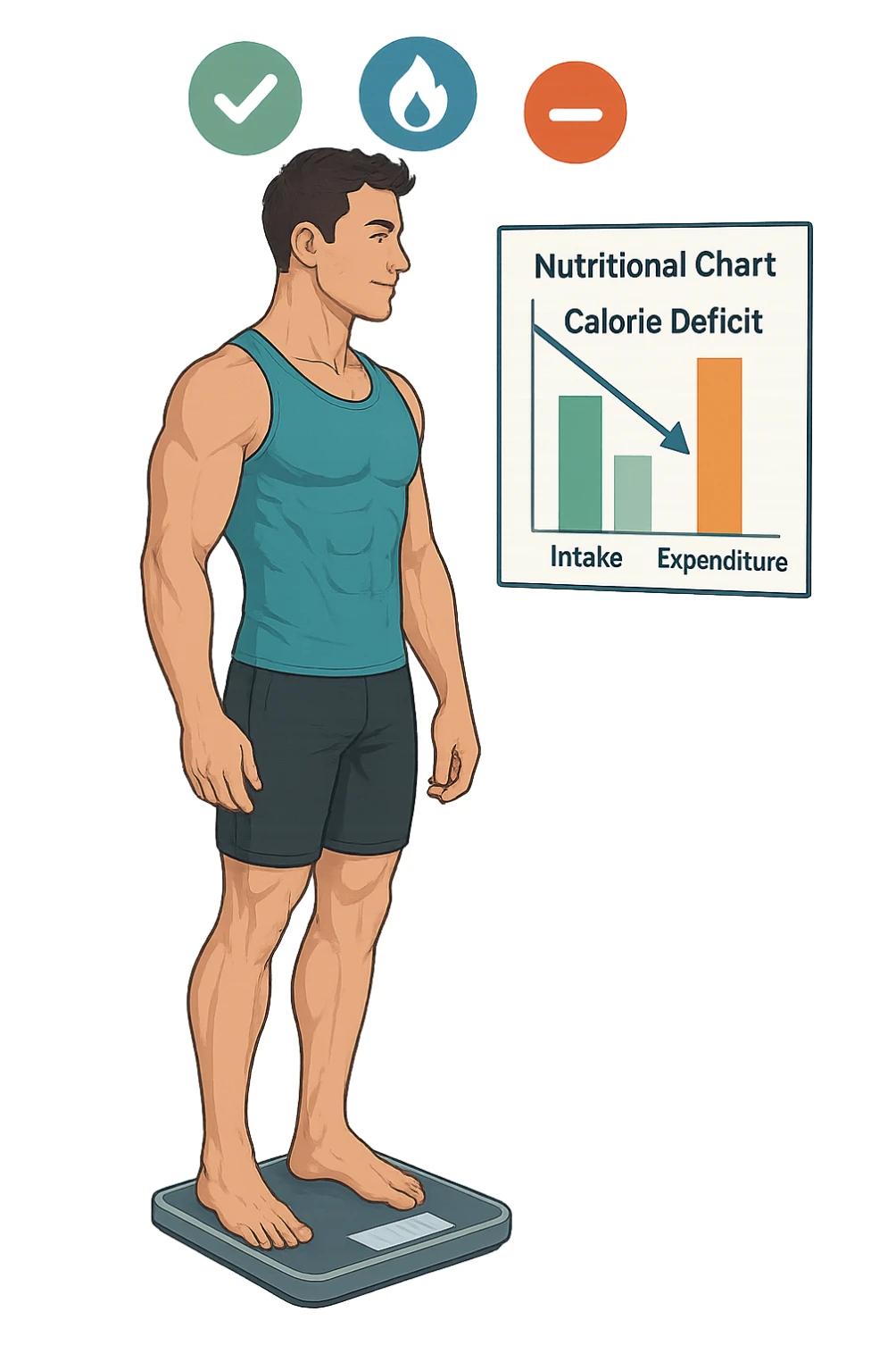 a man stands on a digital scale, looking at a nutrition chart that shows his daily calorie intake is lower than his energy expenditure. Floating icons above his head display a negative calorie balance, and his body appears slightly leaner, with visible muscle definition. The background is a modern clinic, emphasizing the concept of caloric deficit. scritto in italiano sticker