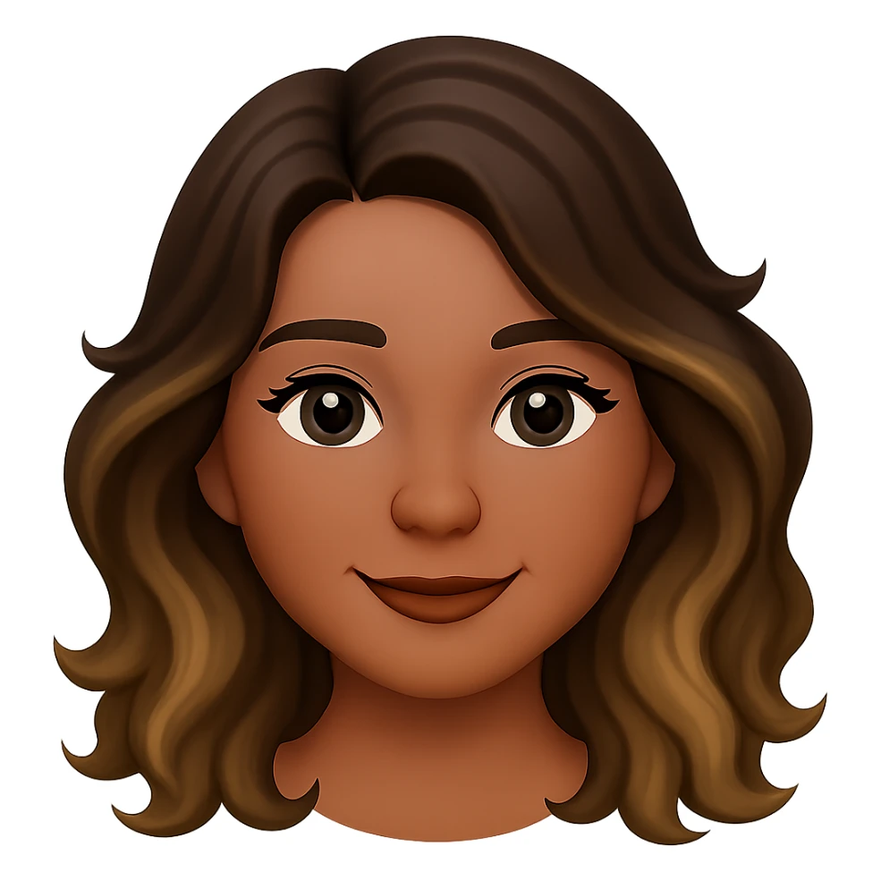 Make her eyes a little darker, give her a rounder face, and a soft smile. Keep the iPhone emoji style with long wavy hair with brown roots and blonde highlights, brown eyebrows, and summer tan. Maintain the transparent background. sticker