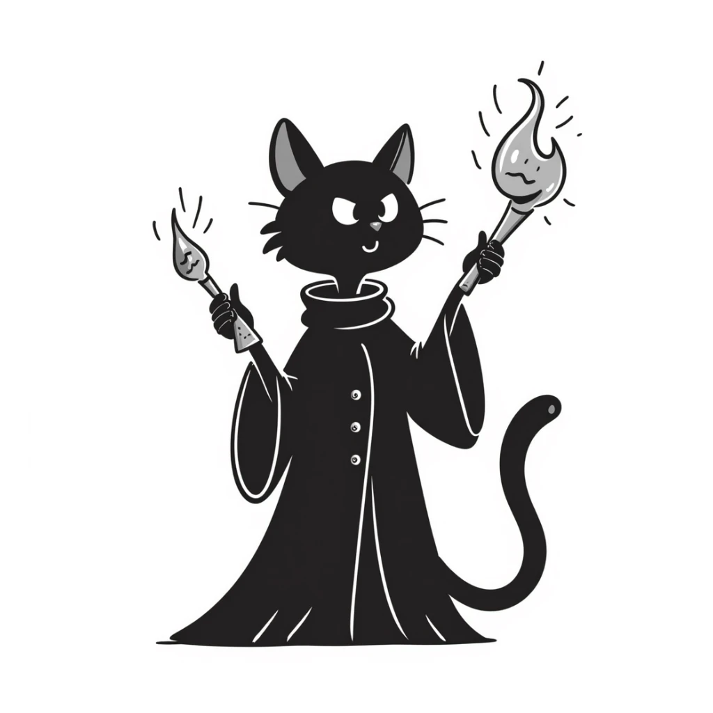 A cat wizard casting a spell with magical staff and flowing robes sticker