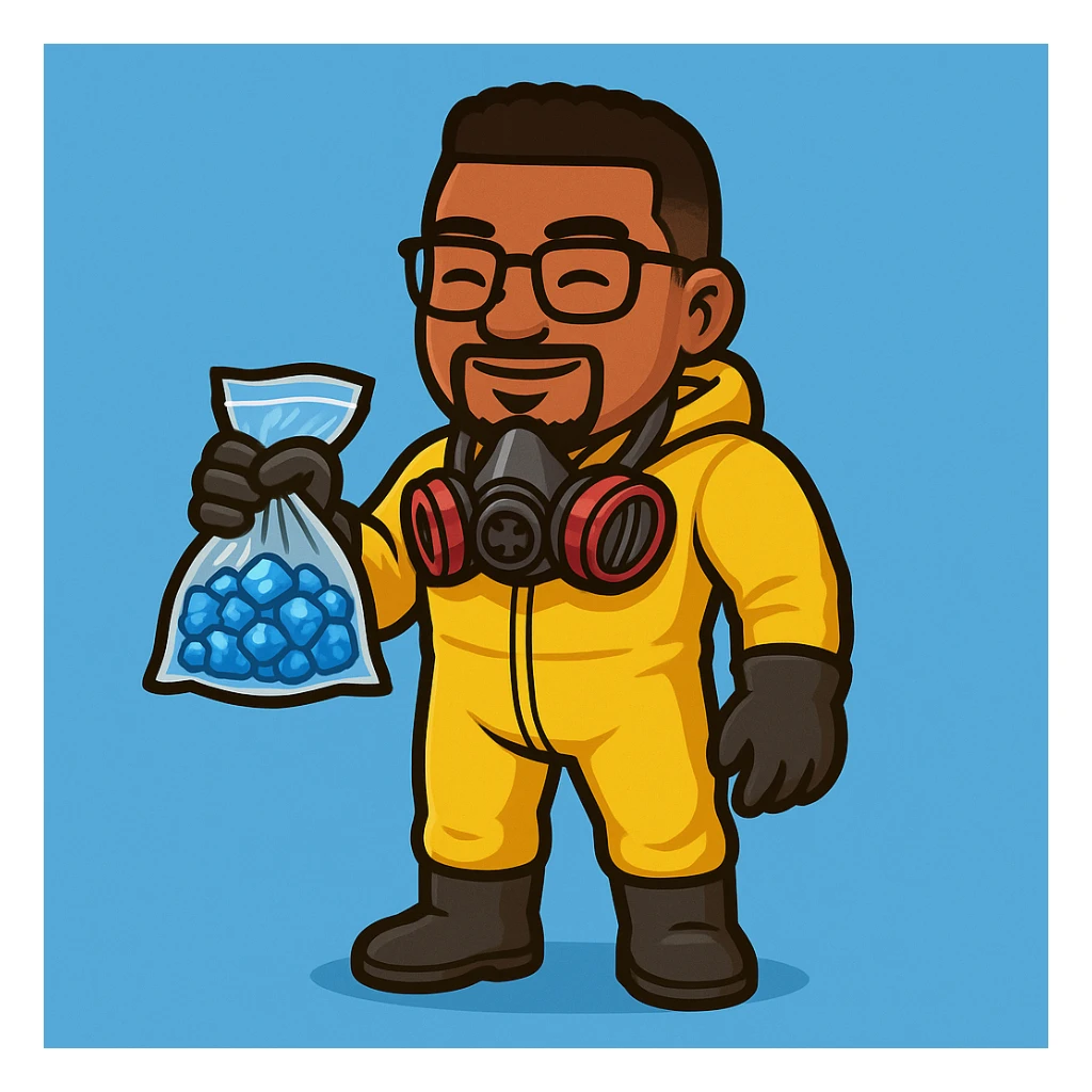 Replace the green bottle in the hand with a transparent bag containing blue stones resembling blue meth. Add the iconic Breaking Bad gas mask hanging around the neck. Maintain the detailed cartoon style and keep the light blue background. sticker