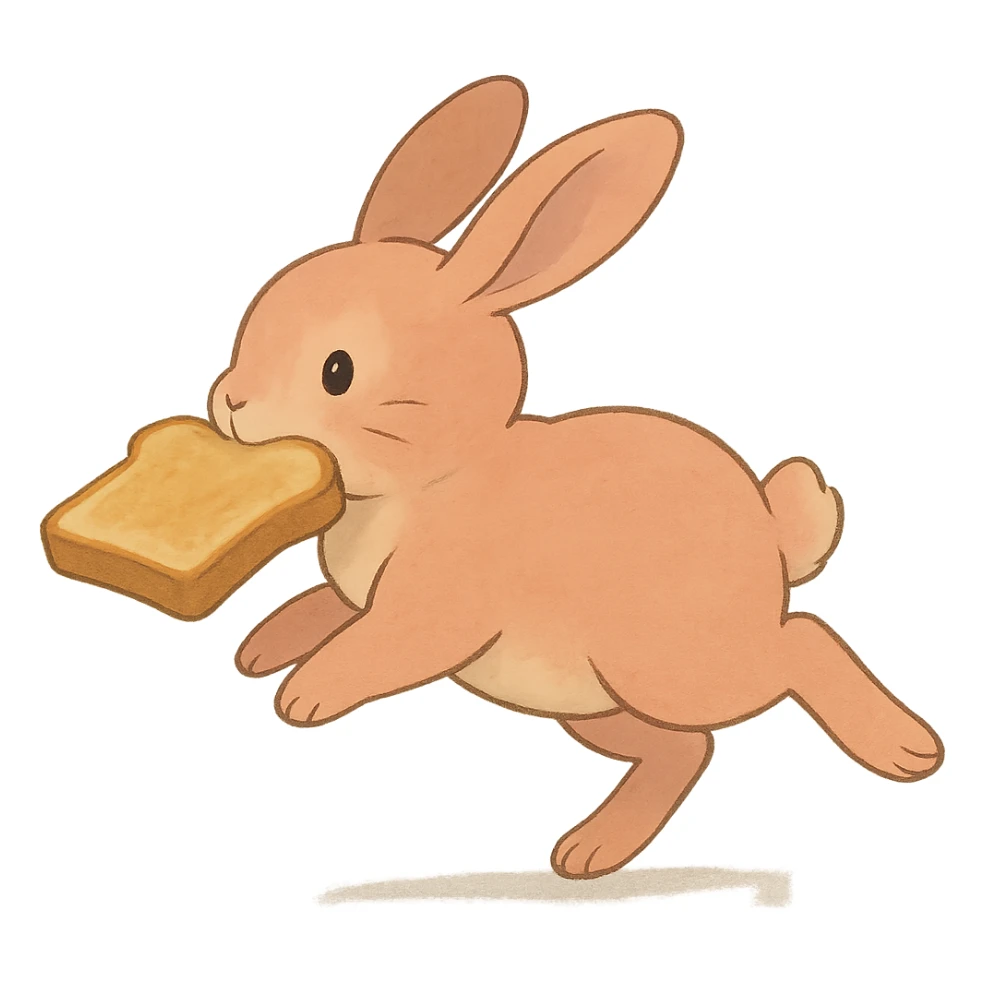 peach bunny running with toast in mouth, soft Ghibli style sticker