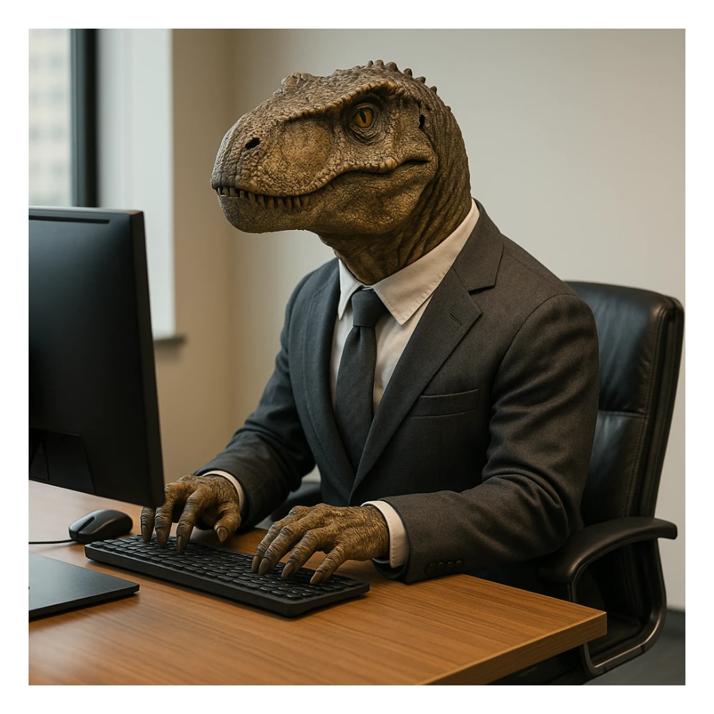realistic dinosaur sitting on a chair, wearing a suit, using an office computer sticker