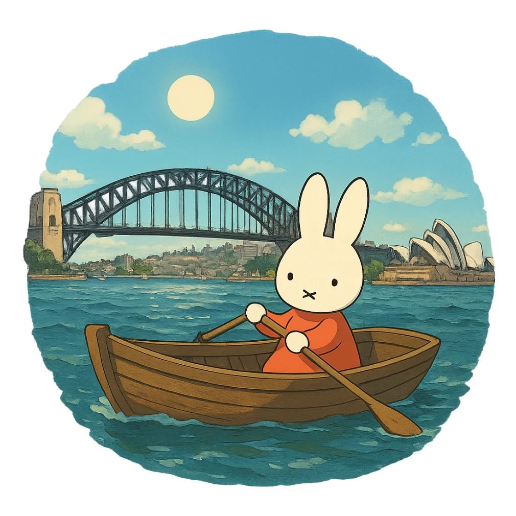 ghibli style Miffy in a boat on Sydney Harbour sticker