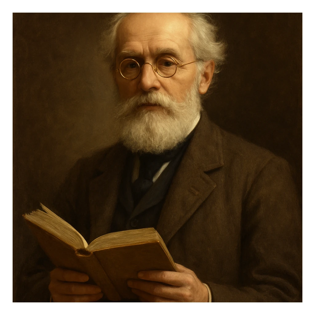 a wise poet with round gold spectacles, white beard, holding a book, scholarly and refined look sticker