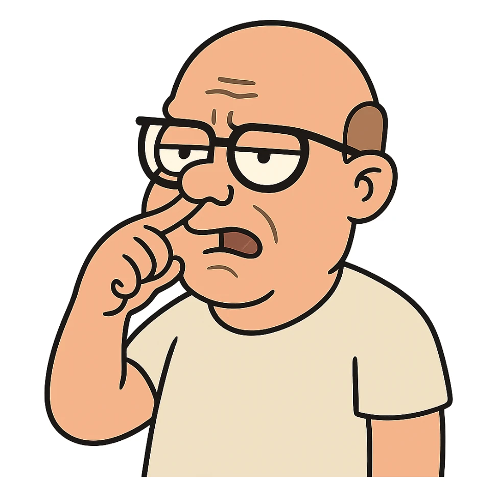 flat toon style bald guy with glasses picking his nose sticker
