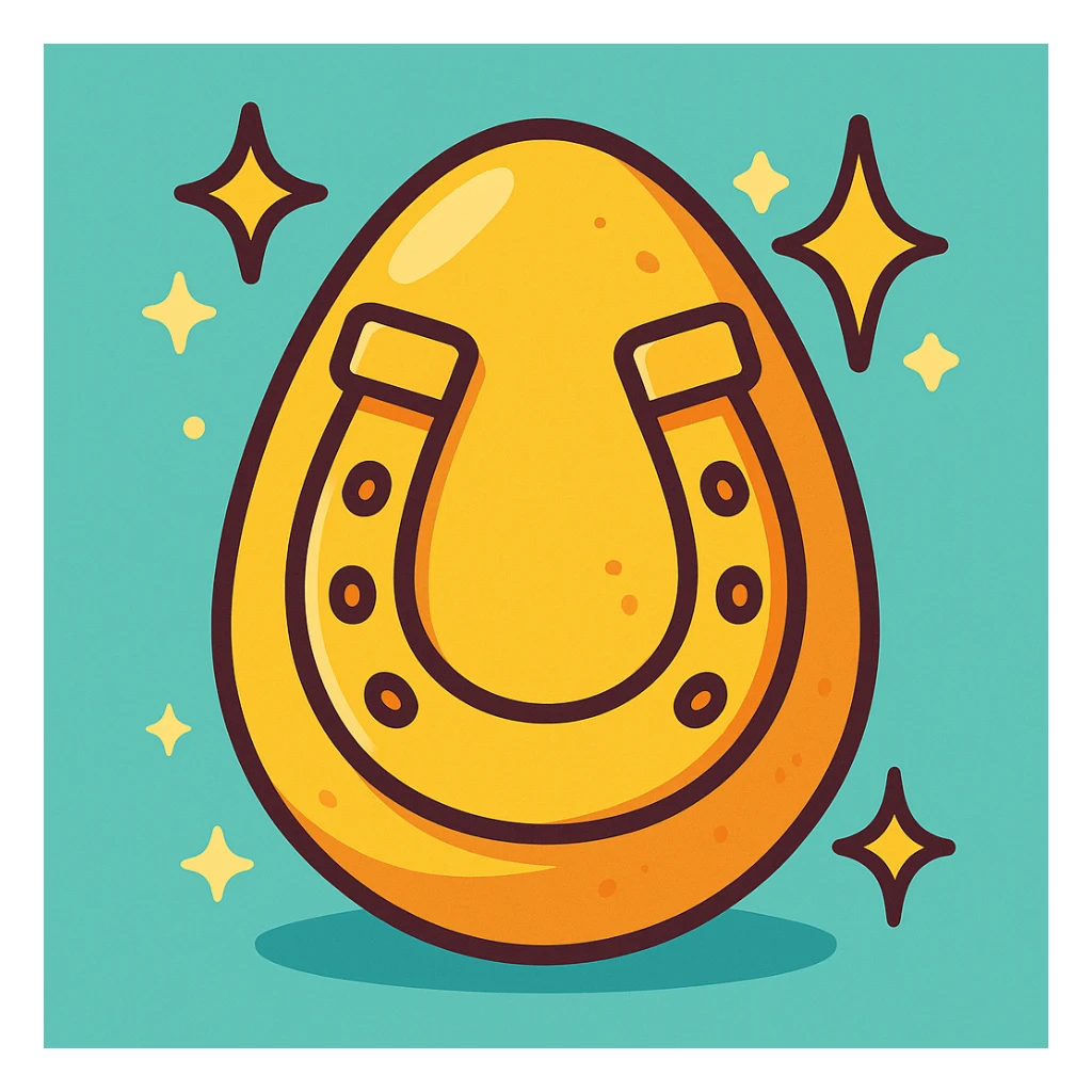 an egg with a horseshoe and sparkles, playful, cartoon style sticker
