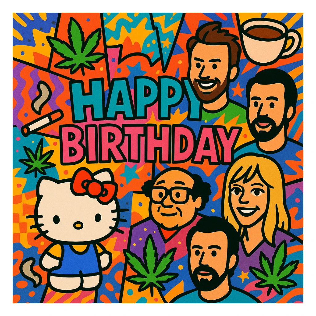 maximalist birthday message collage with Hello Kitty, It's Always Sunny in Philadelphia cast, coffee cups, cigarettes, cannabis leaves, vibrant chaotic colors and patterns sticker