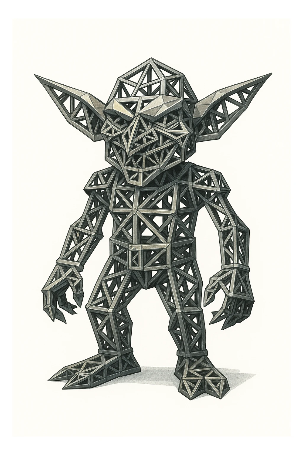 a whimsical full body goblin made of metallic architectural truss structures, geometric, detailed, white background sticker
