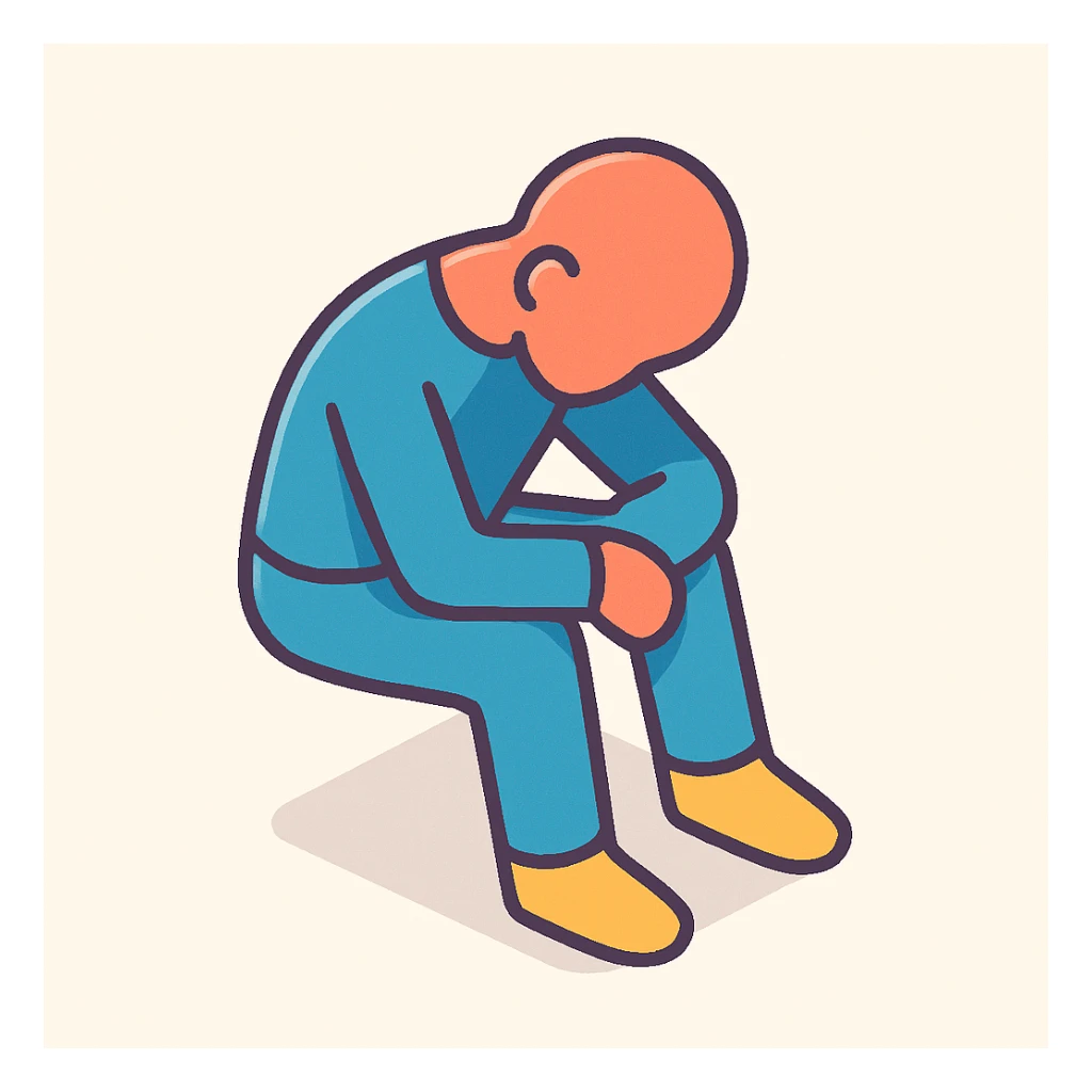 minimalist human silhouette without hair, sitting with head down, symbol of sadness or fatigue, 2D isometric style, very simple shape, clear shadows and highlights sticker