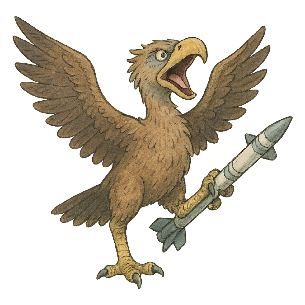 an insignia for a flag: a strange foreign alien bird creature, resembling a prehistoric phorusrhacos, gripping a sidewinder missile in its' powerful claw, standing up on its' other claw, cawing fiercely, wings spread in defiance.
 sticker