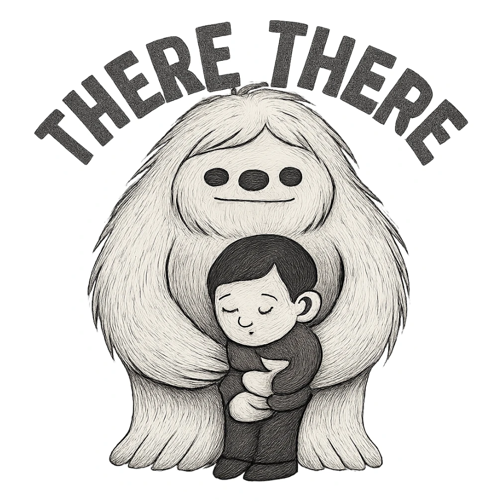 Compress the image to ensure the file size is smaller than 1MB, keep the background transparent, and preserve the 'there there' text through the head of the Abominable Snowman hugging the much smaller kid. sticker