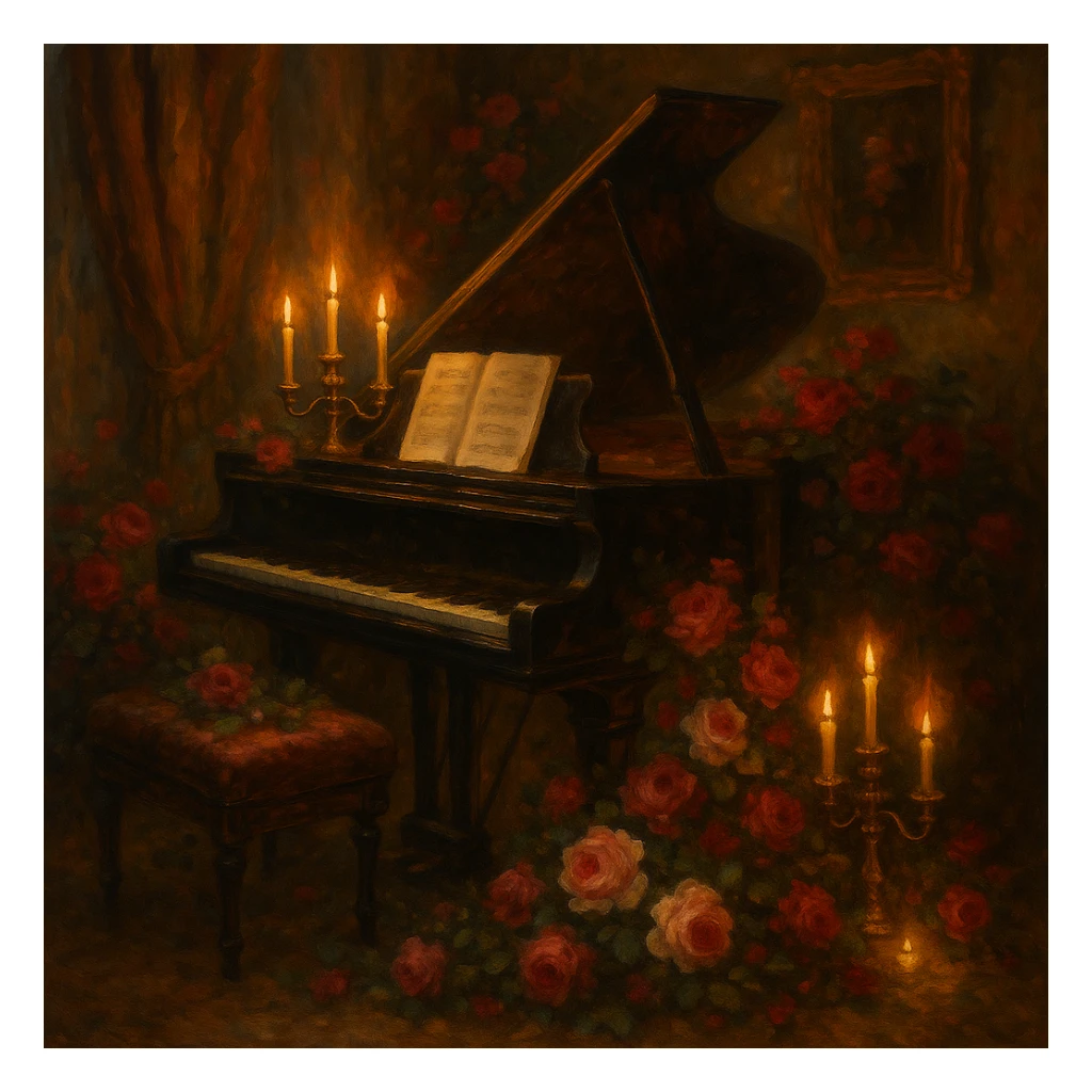romantic period classical piano, grand, lush, surrounded by roses, candlelight, emotional atmosphere sticker