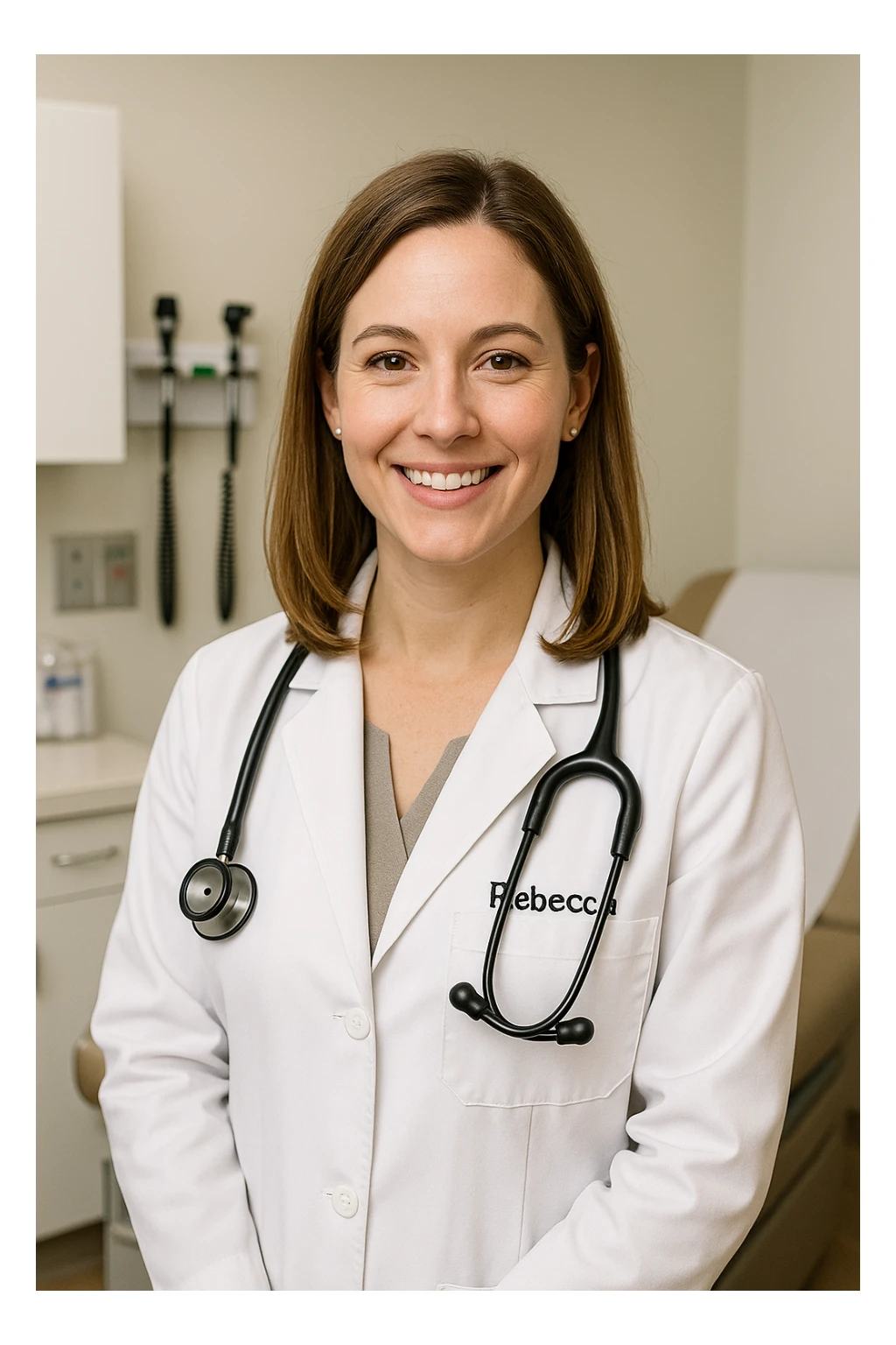A woman named Rebecca working as a doctor, wearing a white coat and stethoscope, friendly expression, professional medical setting sticker
