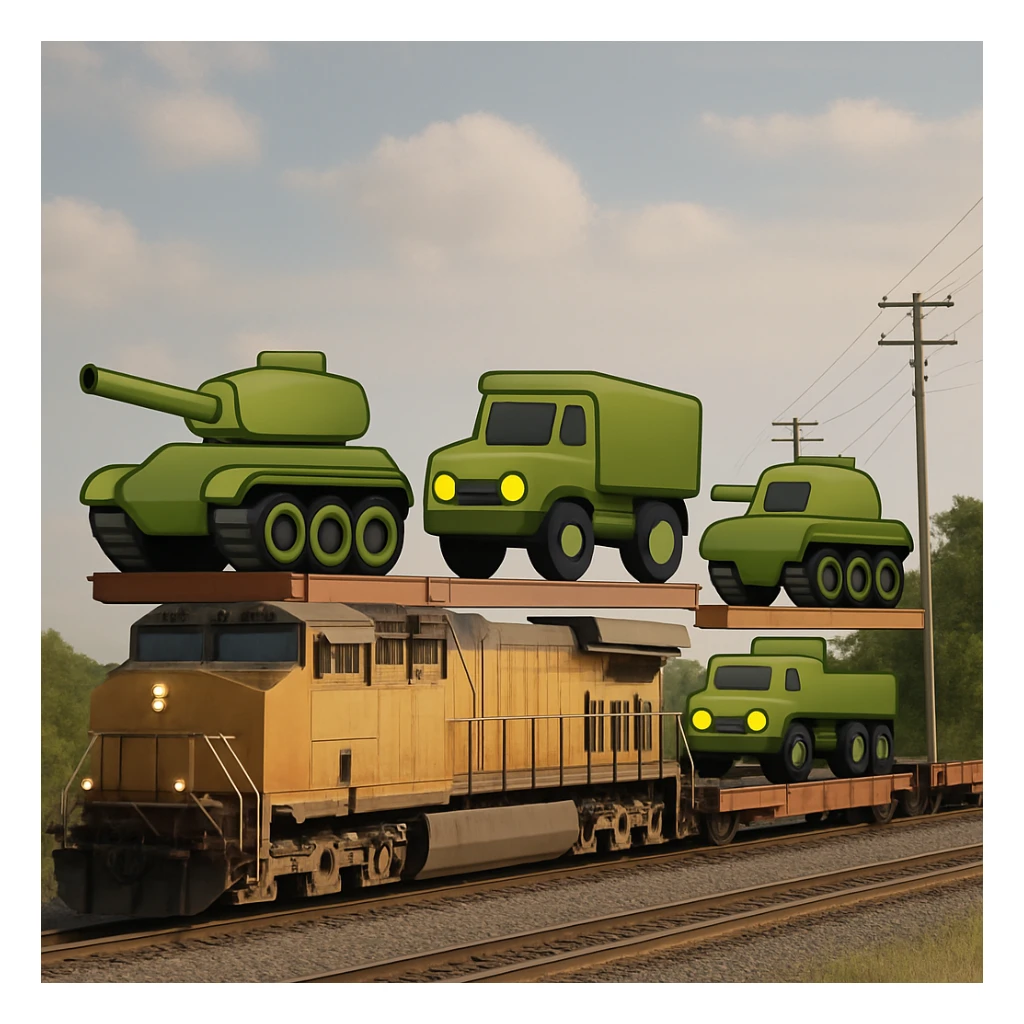Create a highly realistic image of an ordinary cargo train transporting military equipment such as tanks and trucks, in a classic emoji style. This is variant 4. sticker