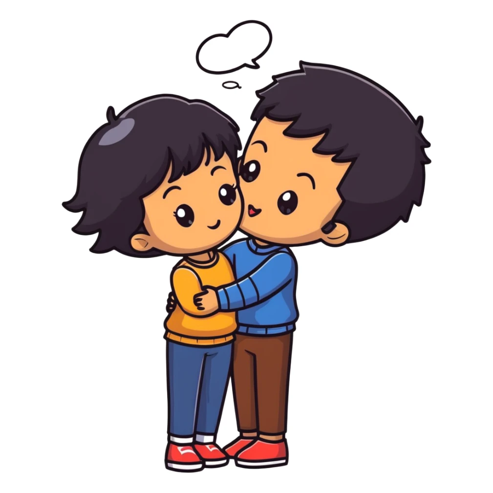 Black haired brown skinned boy kissing a black haired light skinned girl sticker