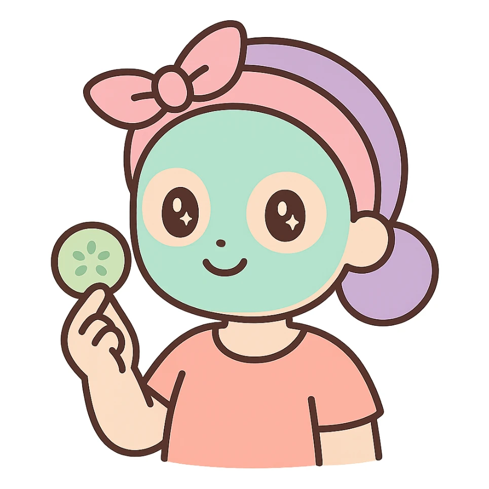 A self-care illustration with a person doing a face mask and holding a cucumber slice sticker
