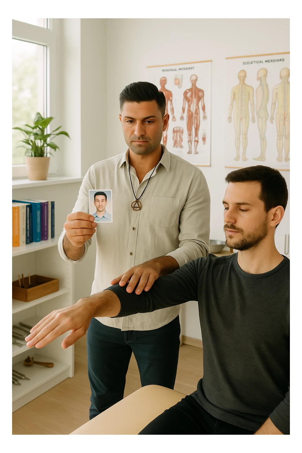 a middle-aged man, dressed in casual professional attire, is in a bright, organized therapy studio. Durante una visita di kinesiologia, il ragazzo tiene con una mano la foto di una persona lontana (il “testimone”) tiene la foto in mano, mentre con l’altra mano esegue un test muscolare su un cliente presente senza foto lui non tiene la foto. Sullo sfondo si vedono libri di kinesiologia, poster anatomici e strumenti tipici della disciplina. L’atmosfera è concentrata e serena, con luce naturale che entra dalla finestra, sottolineando l’aspetto alternativo e umano della pratica. sticker
