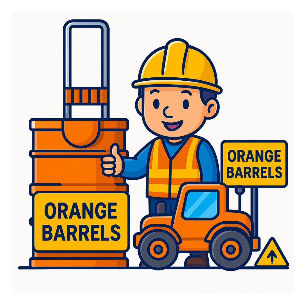 Add a friendly cartoon construction worker standing next to the orange road construction barrel and the 'Orange Barrels' sign. The worker should wear a yellow hard hat and a safety vest, matching the playful, bright cartoon scene. sticker