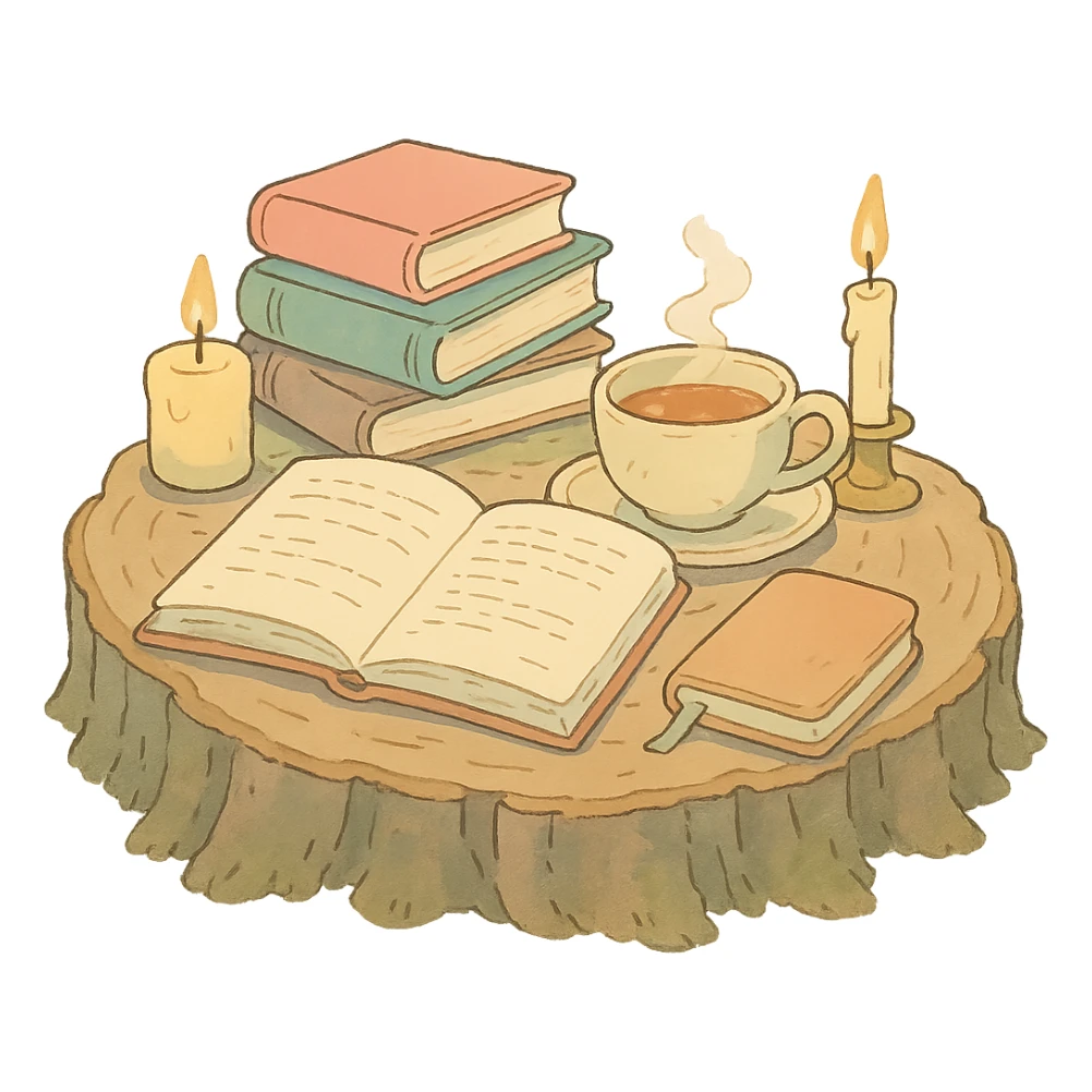 a log with tea, books, and candles, soft forest journaling mood, soft pastel colors, ghibli style sticker