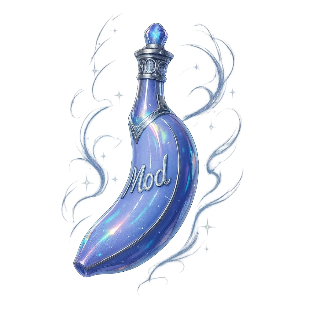 prabangus eliksyro buteliukas, banano forma, spalva #7986cb, sidabrinės ir holografinės detalės, daug magiškų efektų, labai mažas kaklelis, vientisas dugnas, buteliukas plūduriuoja ore, be pagrindo ar šešėlio, modernus, kolekcijai tinkamas, ant buteliuko užrašas 'Mod' sticker