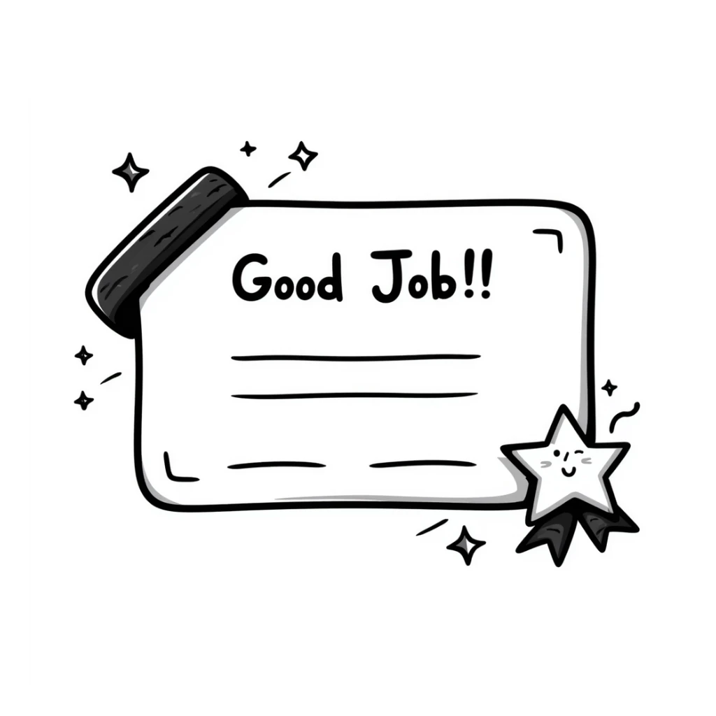 Simple diploma-style certificate with "Good Job!" text and star decorations sticker