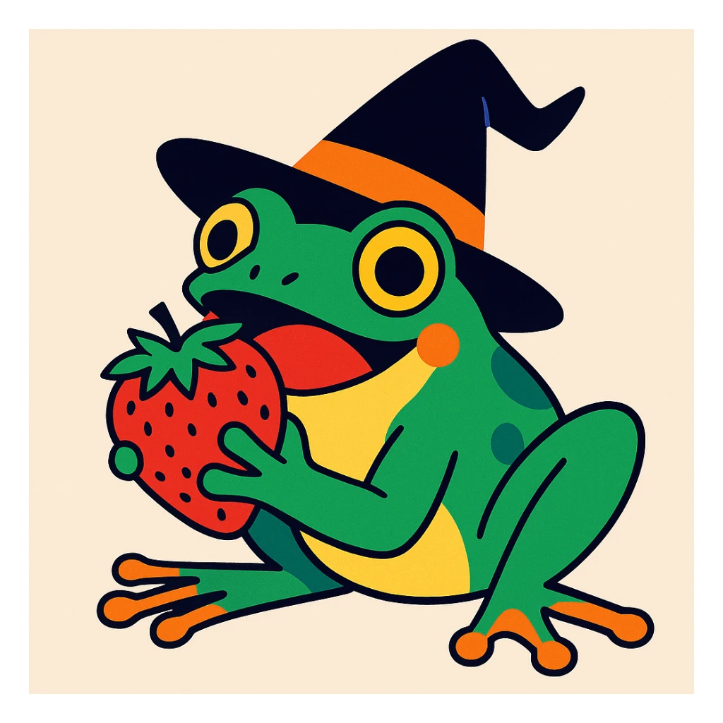 a vibrant and expressive frog wearing a witch hat and eating a strawberry, cartoon style sticker