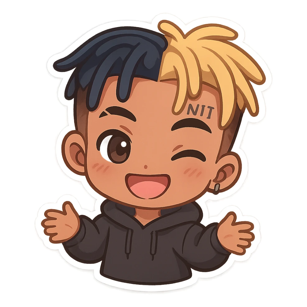 xxxtentacion chibi sticker, cute, exaggerated features, colorful, playful expression sticker