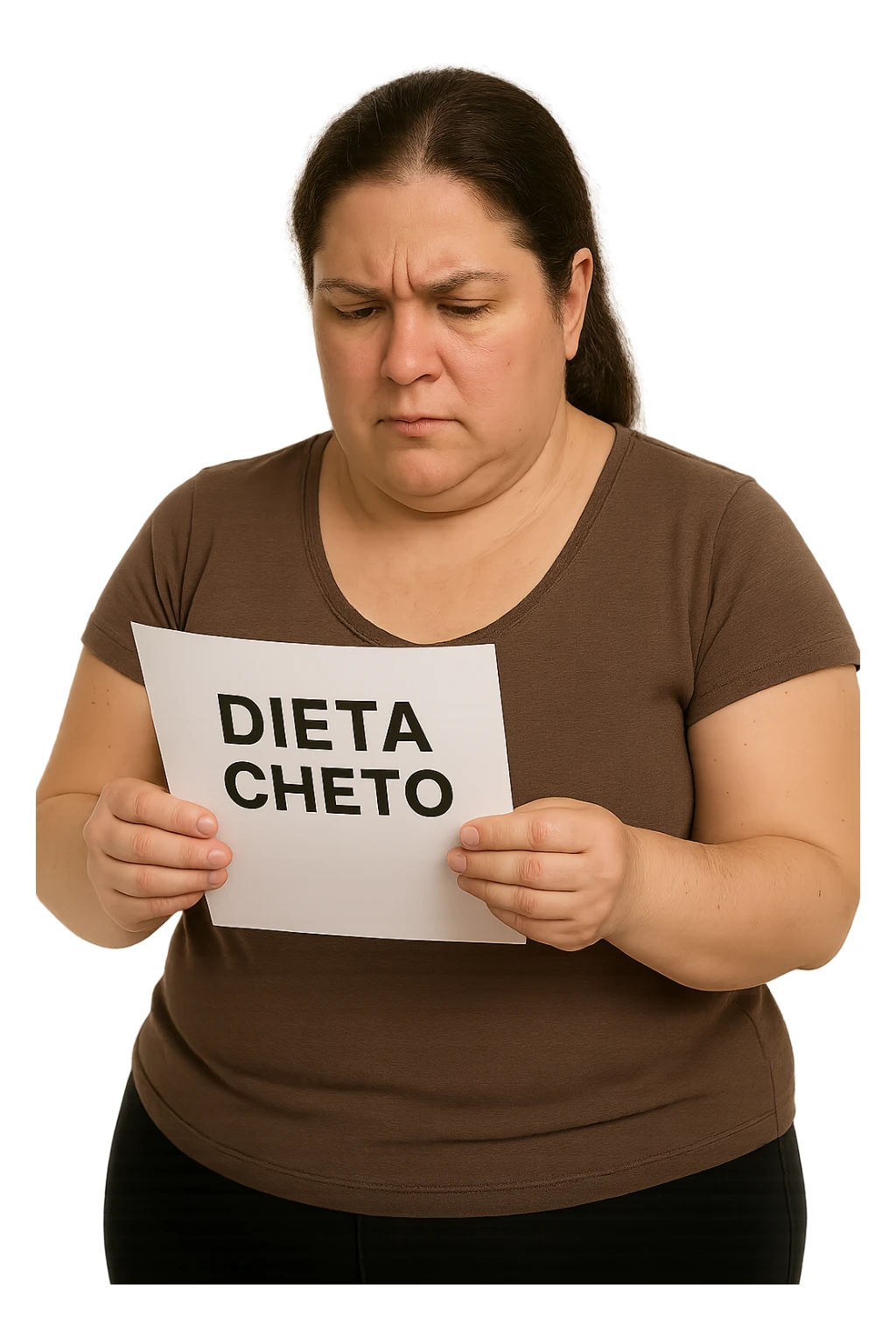 donna realistica leggermente in sovrappeso che legge un foglio con la scritta "dieta Cheto", sfondo bianco, iperrealistica 4k, IPERREALISTICA 4K sticker