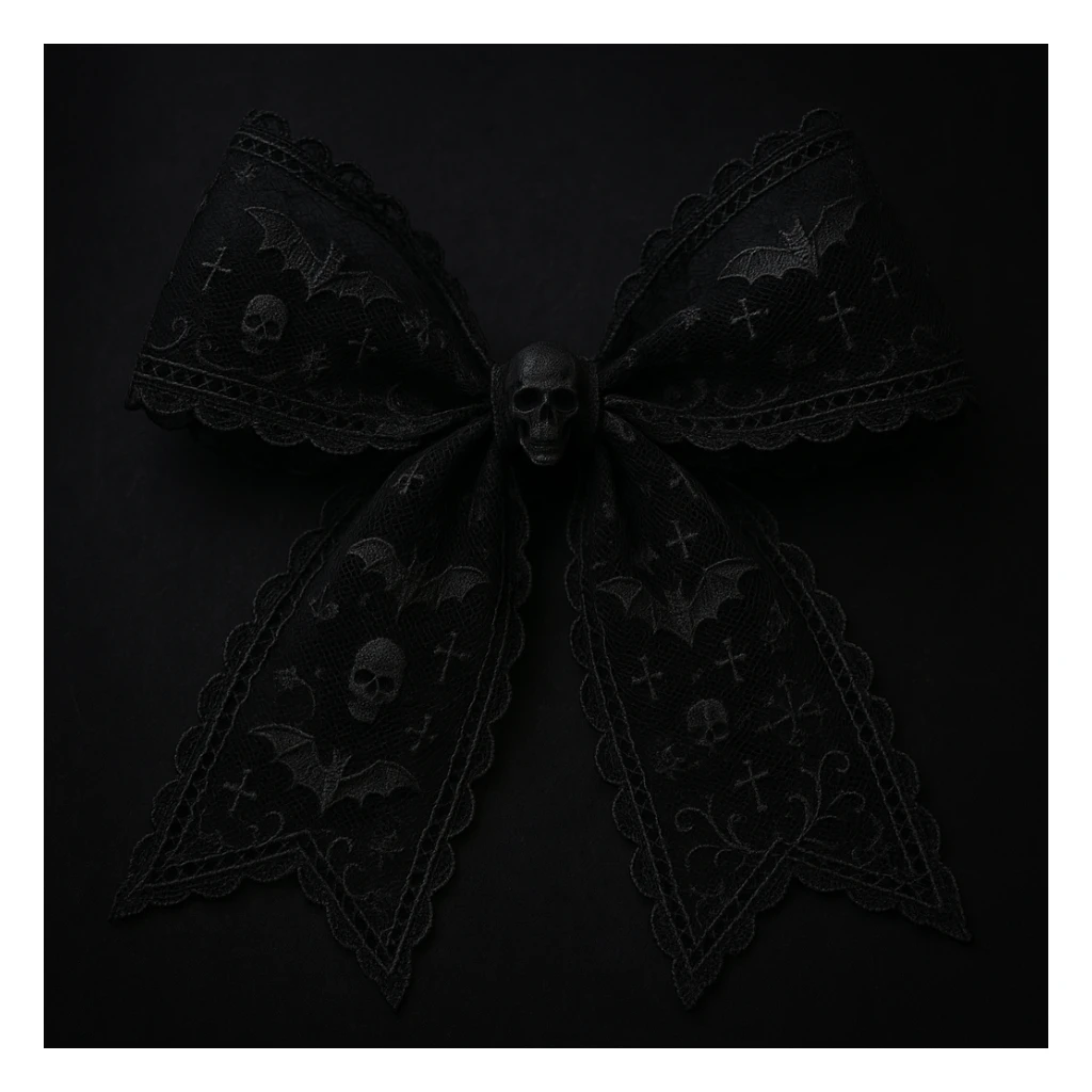 gothic style bow, black lace, dark elegant, subtle skull or cross motif, moody atmosphere, bat motif sticker