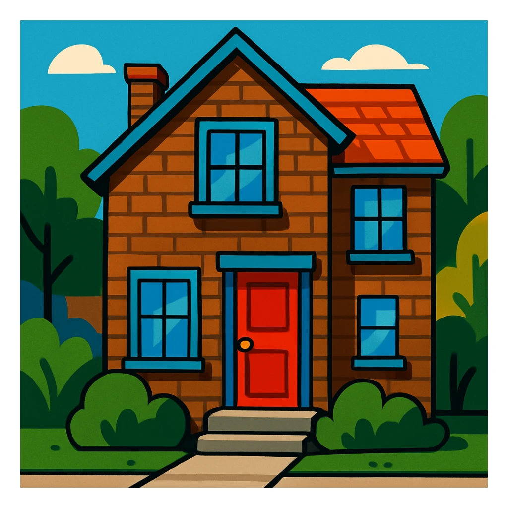 a brown brick house with a red door, stylized illustration sticker