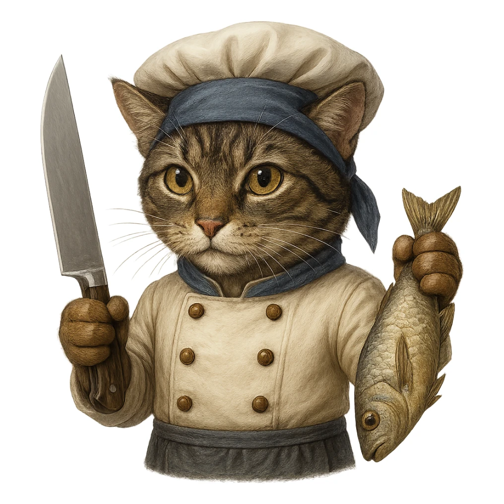 Make the cat chef normal cat colors, but keep the earring gold. The cat is holding a knife and a fish, wearing a bandana, with no background. Maintain the original style and details as much as possible. sticker