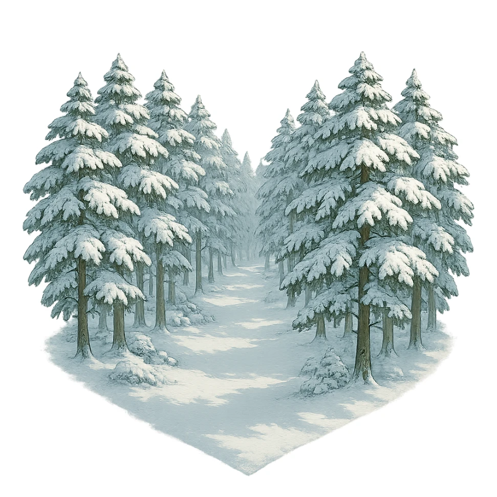 heart with a tranquil snowy cedar grove, clean digital illustration sticker