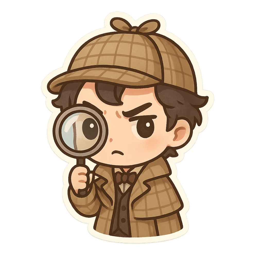 Sherlock Holmes, cartoon style, magnifying glass, mysterious expression sticker