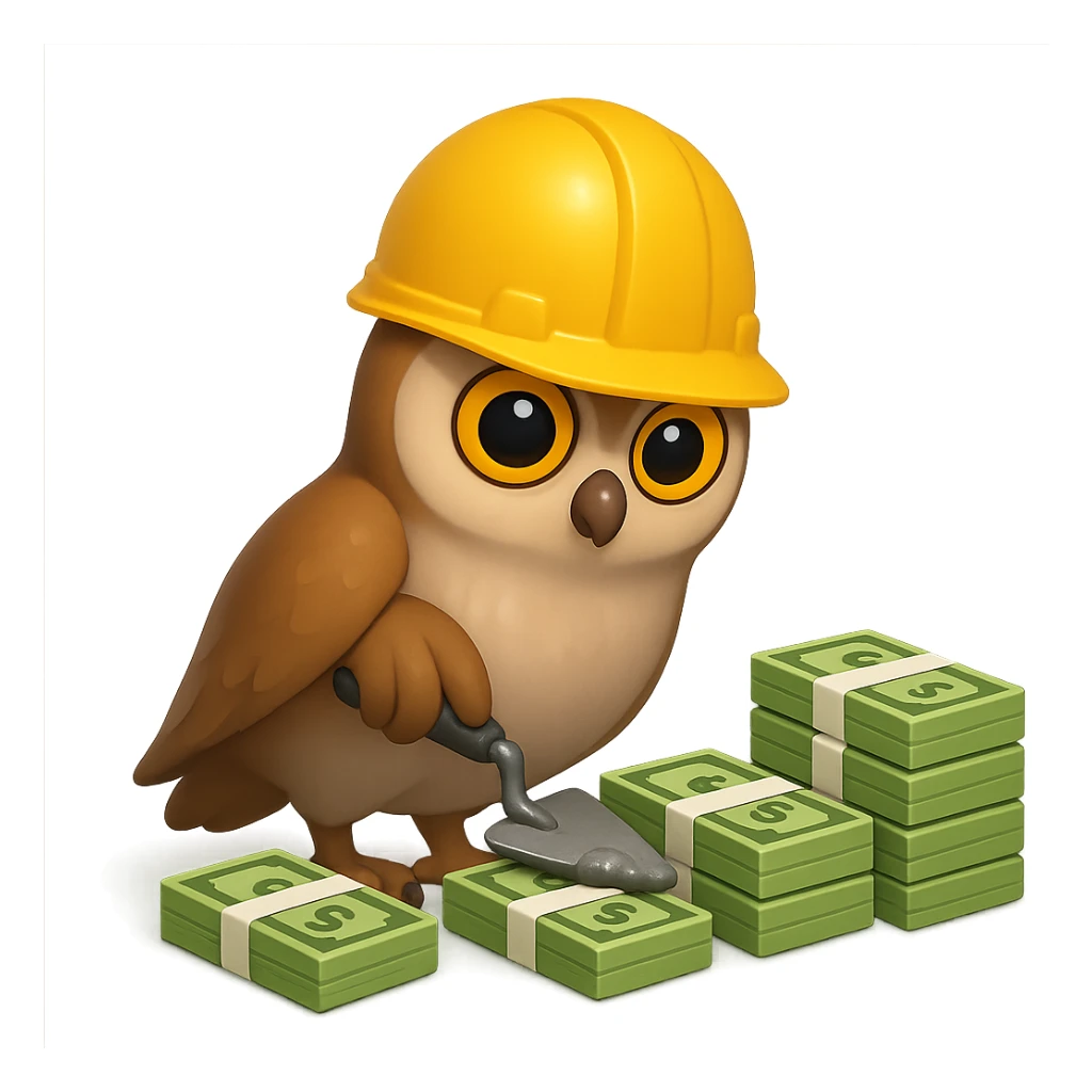 В стилистике эмоджи сгенерируй сову, она в строительно шлеме сосредоточено мастерком для цемента выкладывает пачки долларов по переднему плану будто они кирпичи, пачки идут в возрастающем порядке, картинка символизирует "управляемый рост выручки", прозрачный фон sticker