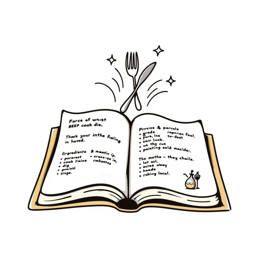 Whimsical enchanted cookbook with magical fork and spoon emblem that's animated with sparkling fairy dust, magical recipe collection sticker