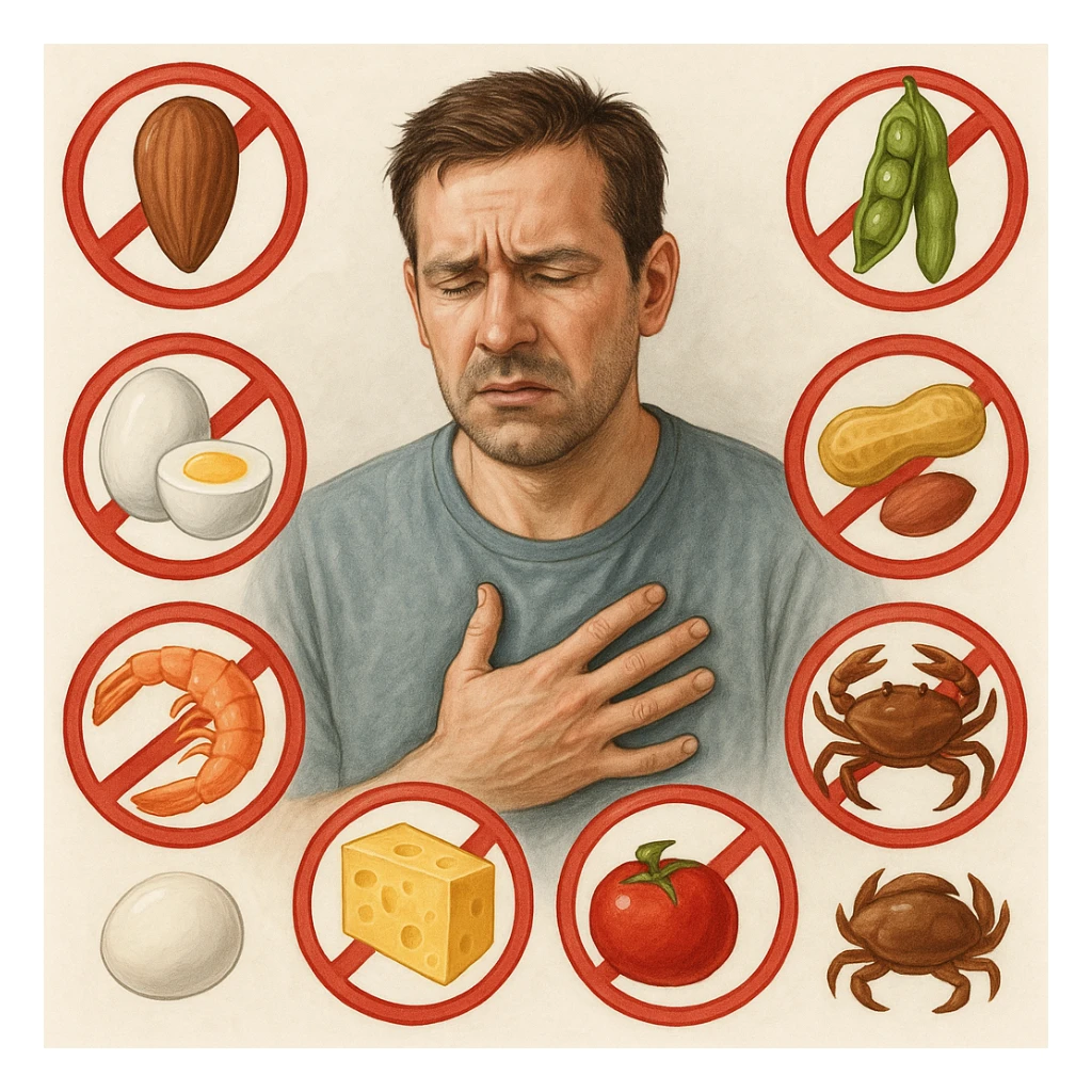 A 40-year-old man suffering from food intolerances, inspired by the reference image, with a pained or worried expression, surrounded by symbols of forbidden foods such as nuts, honey, peas, eggs, tomato, peanuts, shrimp, cheese, crab. Realistic or illustrative style with a light background, conveying an atmosphere of food discomfort. sticker