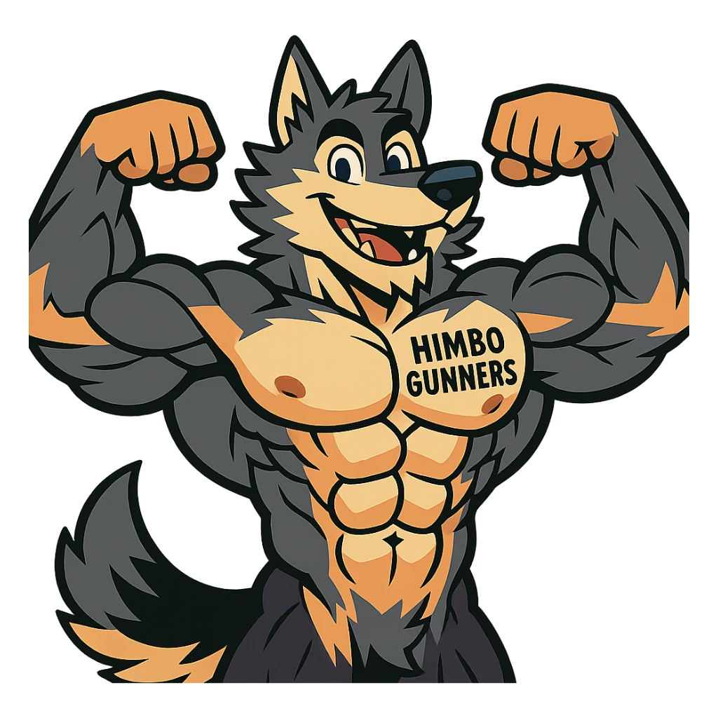 super buff, hyper-detailed wolf furry, shirtless, with 'Himbo Gunners' tattoo on chest, flexing with both arms, charming smile, highly defined muscles and fur sticker